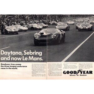 1966 Goodyear Tires 2 Page Vintage Print Ad Daytona Le Mans Sebring Ford GT Art